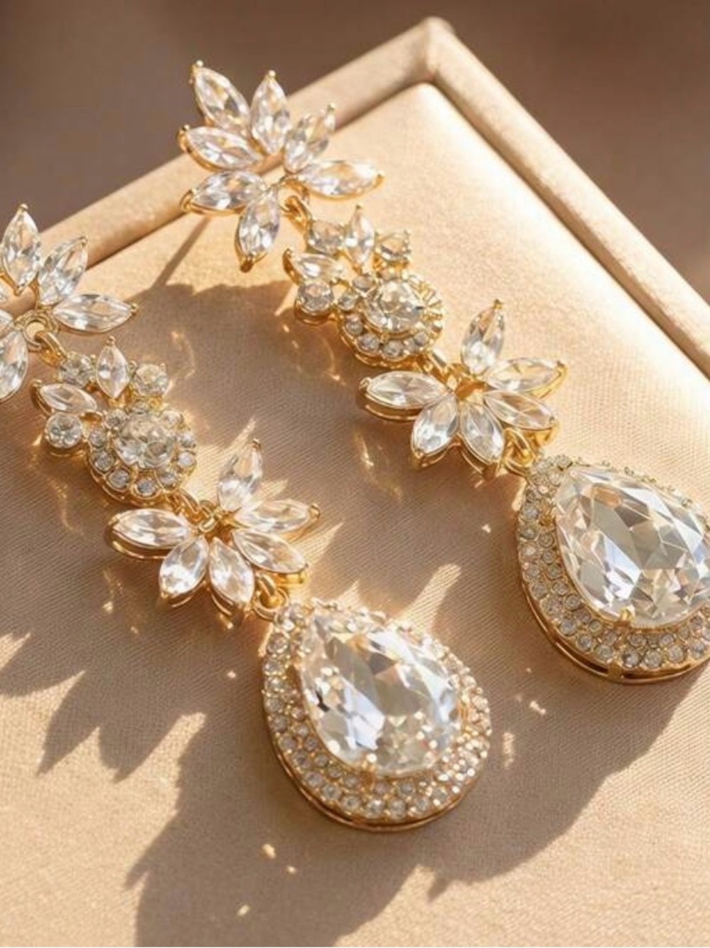 Clear CZ Floral Statement Earrings Gold Tone Teardrop Chandelier Earrings